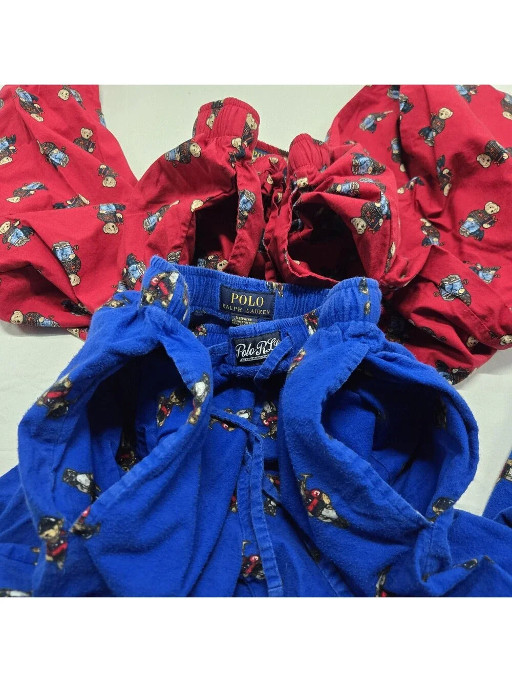 x2 EUC Men's SMALL Polo Ralph Lauren Teddy Bear Knit Pants Red/Blue AOP Pockets